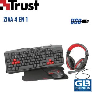 KIT 4 EN 1 TRUST ZIVA | TECLADO | AUDIFONO | MOUSE PAD | MOUSE CONEXION USB